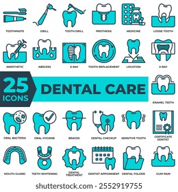 Dental Care Iconset with toothpaste,drill,tooth drill,prothesis,medicine,loose tooth,anesthetic,abscess,x-ray,tooth replacement