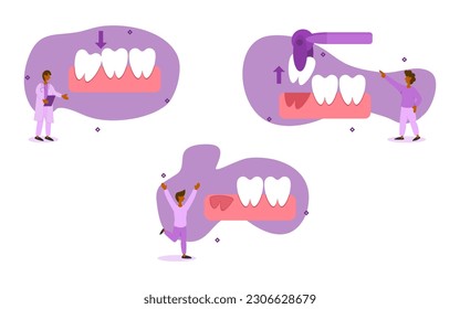 dental care illustration set. characters have wisdom teeth that collide with molars. dentist solved the problem by removing wisdom teeth. wisdom teeth solution concept. vector illustration.