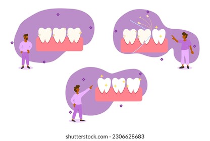 Bildsatz für zahnärztliche Zwecke. Charaktere sind schmutzig auf den Zähnen. Sie benutzen Zahnseide, um die Zähne zu reinigen und zu bleichen. Zahnreinigung nach Zahnseide-Konzept. Vektorgrafik.
