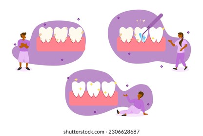 conjunto de ilustraciones de atención dental. los personajes tienen alquitrán en los dientes. el dentista utiliza un kit de limpieza dental para limpiar y blanquear dientes. dientes de limpieza por concepto de kits dentales. ilustración vectorial.