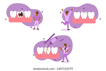 conjunto de ilustraciones de atención dental. los caracteres tienen un deterioro dental para raíz. el dentista realiza el tratamiento del canal raíz para evitar el dolor al masticar. concepto de tratamiento del canal raíz. ilustración vectorial.