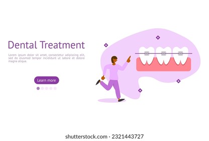 dental care illustration set. characters seen dentist starts braces so that teeth are normal. dental orthodontic concept. vector illustration.