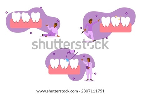 dental care illustration set. characters have broken tooth. dentist treats a broken tooth by extending the broken tooth to be the original. broken tooth treatment concept. vector illustration