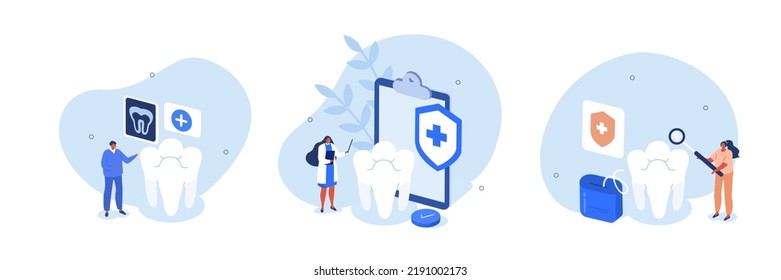 
Dental Care Illustration Set. Doctor Dentist And Medical Staff Taking Care About Teeth. Professional Teeth Cleaning, Treatment And Oral Hygiene. Health Dental Insurance Concept. Vector Illustration.