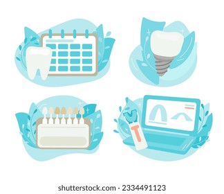 Illustrationssatz für Zahnpflege. Professionelle Zahnreinigung, Mundhygiene und Weißbildung. Vektorgrafik.