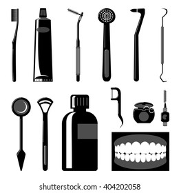 Dental Care Items Silhouettes. Set of Dental Care Items