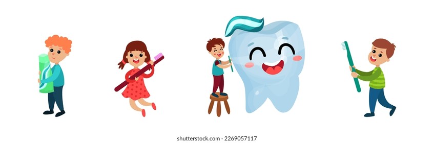 Dental Care with Kids Cleaning Teeth with Brush and Paste Vector Set
