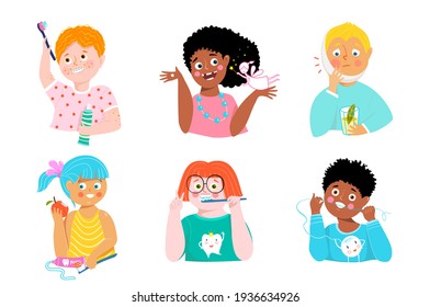 Dental Care Kids Collection. Cute Children Brushing Teeth, Wearing Braces And Edentulous Smiling. Oral Health Education Clip Art. Vector Simple Cartoons.