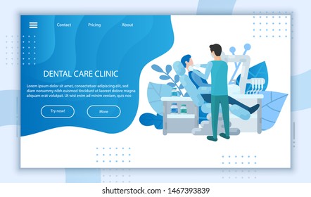 Dental Care Landing Page. Dentistry Poster Concept, Therapist Banner Template. Website Design With Flat People, Dentist Tools, Equipment. For Treatment, Prosthetics, Cosmetic, Mobile App Medicine