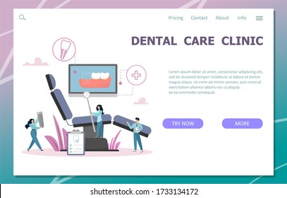 Dental care landing page. Dentistry poster concept, therapist banner template. Website design with flat people, dentist tools, equipment. Treatment, prosthetics for web and applications on a smartphon
