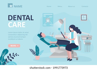 Dental care, landing page template. Male character at dentist appointment. Specialist examine and treats patient teeth. Concept of stomatology and medicine. Dental office interior. Vector illustration