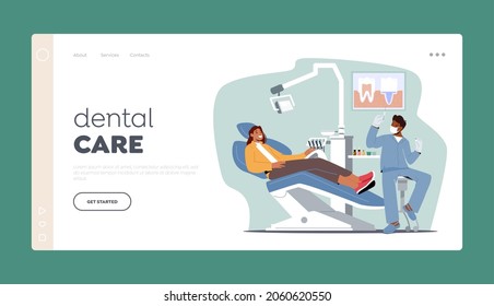 Dental Care Landing Page Template. Doctor Dentist Character Conducting Health Medical Treatment Prepare Anesthesia for Patient Woman Sit in Medical Chair in Cabinet. Cartoon People Vector Illustration