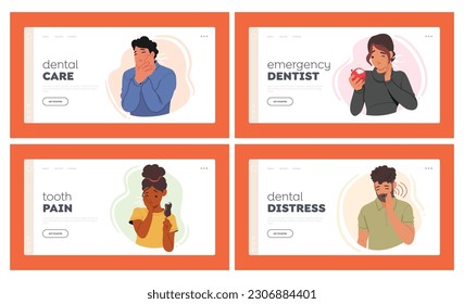 Dental Care Landing Page Template Set. Characters Feel Dental Pain Causing Discomfort And Sensitivity. Requires Immediate Attention For Diagnosis And Treatment. Cartoon People Vector Illustration