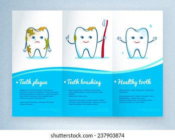 Dental care leaflet design with cute tooth characters. Vector illustration.