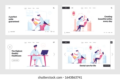 Dental Care for Life Website Landing Page Set. Dentist Doctors Using Professional Instruments and Equipment with Oral Cavity Check Up and Treatment Web Page Banner. Cartoon Flat Vector Illustration