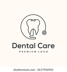 dental care line art logo vector minimalist illustration design,  tooth with a stethoscope forming a circular frame symbol design