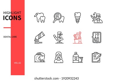 Dental care - line design style icons set. Personal hygiene, healthcare, stomatology concept. Tooth, cavity, implant, dentist, toothpaste, chair, toothbrush, tools, floss, smile, rinse, medical record