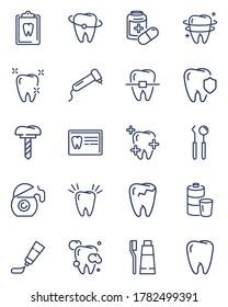 Dental care line icon set. Healthy teeth, cleaning floss, dentist tools, medical report, toothbrush, implant, braces. Vector icons for dentistry, stomatology, oral hygiene, healthcare concept