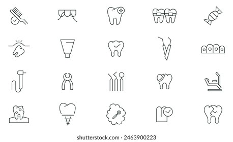 Dental care line icon set. Dentistry, medical, implant, braces, dentist, toothache, aligners, veneers, tooth outline icons collection. Thin outline icons pack.