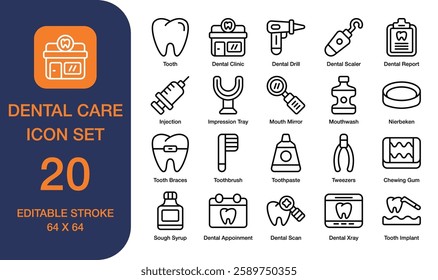 Dental Care Line Icon Set. Dental Clinic, Mouthwash, Toothbrush. Pixel Perfect. High Quality	