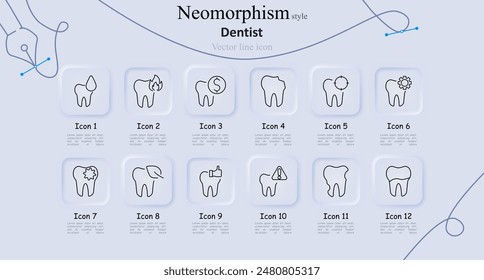Dental care line icons set. Tooth with gear, tooth decay, toothache, dental checkup, tooth with dollar, water drop, tooth with caution, thumbs up. Dentistry, oral health, medical concept.