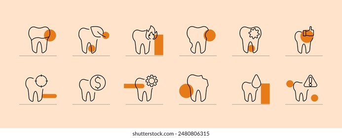 Dental care line icons set. Tooth with gear, tooth decay, toothache, dental checkup, tooth with dollar, water drop, tooth with caution, thumbs up. Dentistry, oral health, medical concept.