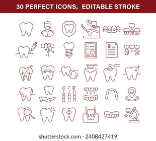 Iconos de línea de cuidado dental ilustración vectorial 30 iconos de alta calidad y trazo editable	