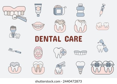 Dental Care Lineal Color Vector Illustration Icon Sticker Set Design Materials  