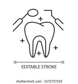 Dental care linear icon. Medical procedures. Dentistry. Odontology. Tooth examination. Caries prevention. Thin line illustration. Contour symbol. Vector isolated outline drawing. Editable stroke