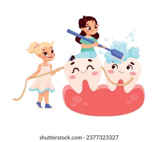 Dental Care with Little Girl Cleaning Big Tooth with Toothbrush and Toothpaste Vector Illustration