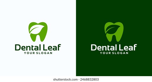 dental care logo design with tooth and leaf concept