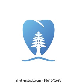 Dental care logo or icon. Clean, simple tooth symbol that blends with cedar tree, for family dental clinic, health care concept. Vector illustration.