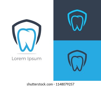 Dental care logo icons set, tooth in shield, home, apple and heart illustration.