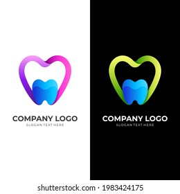 dental care logo, love and tooth, combination logo with 3d colorful style