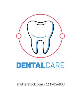 Dental care logo with tooth. Dentistry and healthcare icon in line art style. Modern dental clinic services. Stomatology check up and oral hygiene, whitening and treatment. Beautiful and healthy teeth