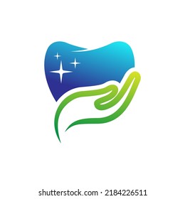 Dental care logo. Vector dental logo with dental and hand illustration. The dental care symbol is isolated on white background.
