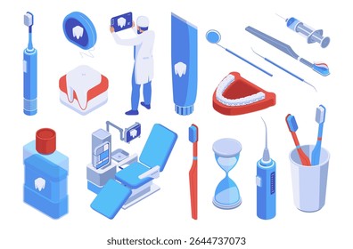 Dental care, maintaining oral hygiene and health. Vector isolated toothbrush set and hourglass, jaw and molar models, medical instruments and mouthwash, doctor with tooth x ray and odontological chair