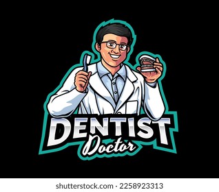 Dental Care Mascot Logo Design. Smiling Dental Care, Friendly Dentist Mascot Illustration