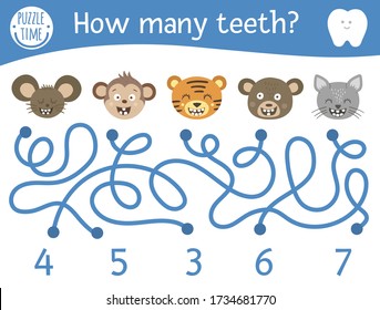 Dental care maze for children. Preschool math activity with toothy animals. Funny puzzle game with cute mouse, monkey, cat, bear, tiger. Counting labyrinth for kids. How many teeth