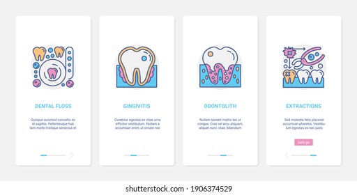 Dental care medical technology vector illustration. UX, UI onboarding mobile app page screen set with line odontology medicine symbols, dental floss, gingivitis disease reasons for tooth extraction