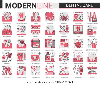 Dental care medicine complex concept flat line icons vector set, outline dentistry healthcare website symbols collection with medical tooth implant pictogram, dentist equipment, toothpaste