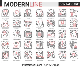 Conjunto de vectores de concepto de línea negra delgada complejo de medicina de cuidado dental, esquema de símbolos de sitios web de atención de la salud de la odontología colección con pictograma de implante de dientes médicos, equipo odontológico, pasta dental