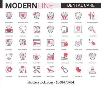 Dental care medicine flat thin red black line icons vector illustration set, outline dentistry healthcare website symbols collection with medical tooth implant pictogram, dentist equipment, toothpaste