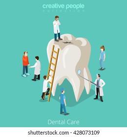 Dental Care micro dentist patient people and huge tooth healthcare concept. Flat 3d isometric isometry vector web site illustration. Creative people collection.