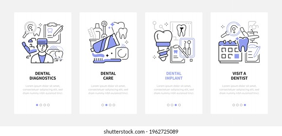 Dental care - modern line design style web banners with copy space for text. Personal hygiene, diagnostics, implant, visit a dentist. Carousel posts with images of a toothpaste, devices, chair