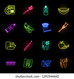 Dental care neon icons in set collection for design. Care of teeth vector symbol stock web illustration.