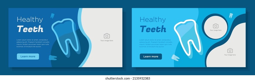 Dental care online banner template set, healthy teeth advertisement, horizontal ad, dentist business blue campaign webpage, flyer, creative brochure, isolated on background.