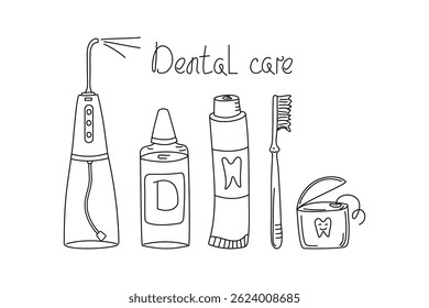 Dental care. Oral cleaning tools. Dental care supplies, irrigator, toothpaste, toothbrush, toothbrush, tooth protection. Hand lettering. Hygiene concepts, health. Dental kit, doodle illustration.