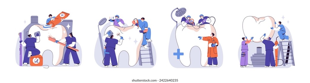 Atención dental, conjunto de conceptos de higiene bucal. Pequeños dentistas cepillando dientes, quitando placa, tratando caries, implante de dientes de instalación. Ilustración de vectores aislados de estomatología sin fondo blanco.