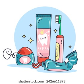 Dental care oral hygiene doodle sketch hand drawn style concept set. Mouth cleaning procedure tools. Vector graphic design illustration